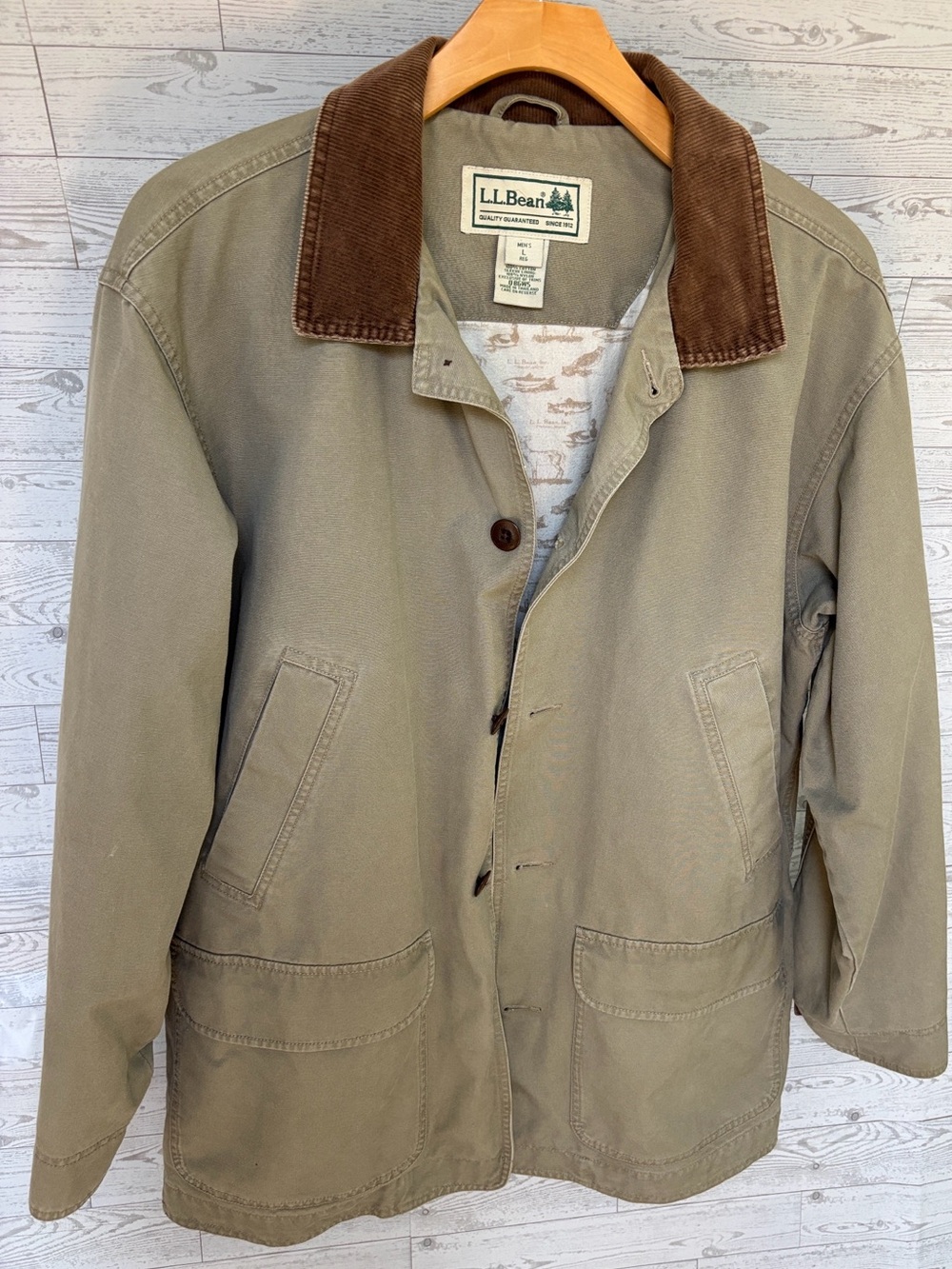 LL Bean Mens Large Field Coat Tan Corduroy Collar flannel Lining Barn Jacket